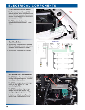 Page 67124
125
126
 • The GPCM (Glow Plug Control Module) is a
unit that controls the glow plugs in order to
warm the air in the cylinders.
 • The GPCM uses a glow plug enable signal
to turn the glow plugs on for a time 
controlled by the PCM.
 • The GPCM is capable of diagnosing a 
problem with one glow plug and then 
sending a diagnostic signal to the PCM.
 • It also has the ability to turn off one glow
plug if a short is detected in that circuit.  • The glow plug system is used to warm the
air in the...