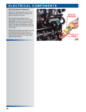 Page 69130
 • One way to verify diagnostic data from the
GPCM is to measure the amperage draw
with an inductive amp probe.
 • Once the glow plug system has been 
commanded on by the PCM (when engine
temperature is warm you may need to trick
the system into a cold condition) for about
40 sec., the glow plug amperage should be
stable. Each glow plug should draw between
10-12 amps.
 • When testing the glow plug system, it is best
to measure one bank of glow plugs at a
time. The bank with the lower current draw...