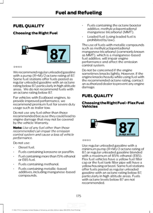 Page 178FUEL QUALITY
Choosing the Right Fuel
We recommend regular unleaded gasoline
with a pump (R+M)/2 octane rating of 87.
Some fuel stations offer fuels posted as
regular unleaded gasoline with an octane
rating below 87, particularly in high altitude
areas.  We do not recommend fuels with
an octane rating below 87.
For vehicles with EcoBoost engines, to
provide improved performance, we
recommend premium fuel for severe duty
usage such as trailer tow.
Do not use any fuel other than those
recommended because...