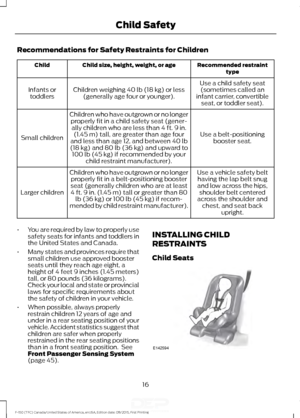 Page 19Recommendations for Safety Restraints for Children
Recommended restraint
type
Child size, height, weight, or age
Child
Use a child safety seat(sometimes called an
infant carrier, convertible seat, or toddler seat).
Children weighing 40 lb (18 kg) or less
(generally age four or younger).
Infants or
toddlers
Use a belt-positioningbooster seat.
Children who have outgrown or no longer
properly fit in a child safety seat (gener-ally children who are less than 4 ft. 9 in. (1.45 m) tall, are greater than age...