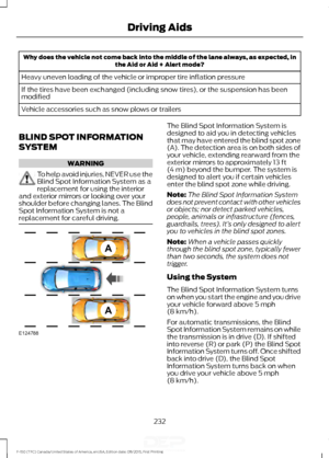 Page 235Why does the vehicle not come back into the middle of the lane always, as expected, in
the Aid or Aid + Alert mode?
Heavy uneven loading of the vehicle or improper tire inflation pressure
If the tires have been exchanged (including snow tires), or the suspension has been
modified
Vehicle accessories such as snow plows or trailers
BLIND SPOT INFORMATION
SYSTEM WARNING
To help avoid injuries, NEVER use the
Blind Spot Information System as a
replacement for using the interior
and exterior mirrors or looking...