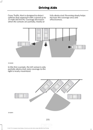Page 238Cross Traffic Alert is designed to detect
vehicles that approach with a speed up to
37 mph (60 km/h). Coverage decreases
when the sensors are partially, mostly or fully obstructed. Reversing slowly helps
increase the coverage area and
effectiveness.In this first example, the left sensor is only
partially obstructed; zone coverage to the
right is nearly maximized.
235
F-150 (TFC) Canada/United States of America, enUSA, Edition date: 08/2015, First Printing Driving AidsE142440 E142441   