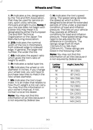 Page 346A.
P: Indicates a tire, designated
by the Tire and Rim Association,
that may be used for service on
cars, sport utility vehicles,
minivans and light trucks. Note:
 If
your tire size does not begin with
a letter this may mean it is
designated by either the European
Tire and Rim Technical
Organization or the Japan Tire
Manufacturing Association.
B. 215:
 Indicates the nominal
width of the tire in millimeters
from sidewall edge to sidewall
edge. In general, the larger the
number, the wider the tire.
C. 65:...