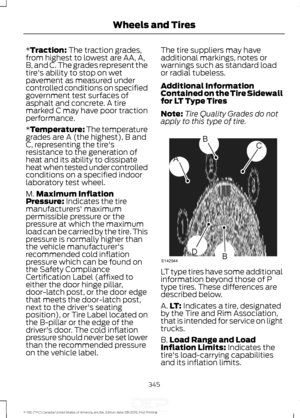 Page 348*Traction: The traction grades,
from highest to lowest are AA, A,
B, and C. The grades represent the
tire's ability to stop on wet
pavement as measured under
controlled conditions on specified
government test surfaces of
asphalt and concrete. A tire
marked C may have poor traction
performance.
*
Temperature: The temperature
grades are A (the highest), B and
C, representing the tire's
resistance to the generation of
heat and its ability to dissipate
heat when tested under controlled
conditions on...