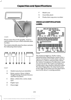 Page 375Please note that in the graphic, XXXX is
representative of your vehicle identification
number.
The Vehicle Identification Number contains
the following information:
World manufacturer identifier
A
Brake system, Gross Vehicle
Weight Rating, Restraint Devices
and their locations
B
Make, vehicle line, series, body
type
C
Engine type
D
Check digit
E Model year
F
Assembly plant
G
Production sequence number
H
VEHICLE CERTIFICATION
LABEL The National Highway Traffic Safety
Administration Regulations require...