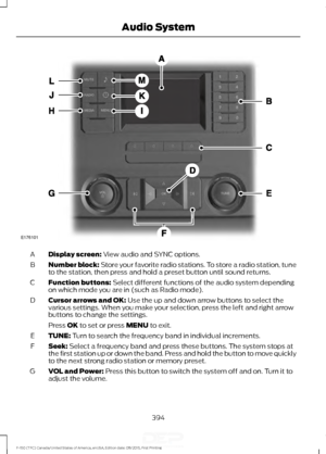 Page 397Display screen: View audio and SYNC options.
A
Number block:
 Store your favorite radio stations. To store a radio station, tune
to the station, then press and hold a preset button until sound returns.
B
Function buttons:
 Select different functions of the audio system depending
on which mode you are in (such as Radio mode).
C
Cursor arrows and OK:
 Use the up and down arrow buttons to select the
various settings. When you make your selection, press the left and right arrow
buttons to change the...