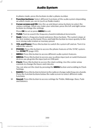 Page 402In phone mode, press the buttons to dial a phone number.
Function buttons: Select different functions of the audio system depending
on which mode you are in (such as Radio mode).
C
Cursor arrows and OK:
 Use the up and down arrow buttons to select the
various settings. When you make your selection, press the left and right arrow
buttons to change the settings.
D
Press 
OK to set or press MENU to exit.
TUNE:
 Turn to search the frequency band in individual increments.
E
Seek:
 Select a frequency band and...