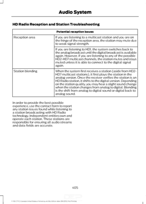 Page 408HD Radio Reception and Station Troubleshooting
Potential reception issues
If you are listening to a multicast station and you are on
the fringe of the reception area, the station may mute due
to weak signal strength.
Reception area
If you are listening to HD1, the system switches back to
the analog broadcast until the digital broadcast is available
again. However, if you are listening to any of the possible
HD2-HD7 multicast channels, the station mutes and stays
muted unless it is able to connect to the...