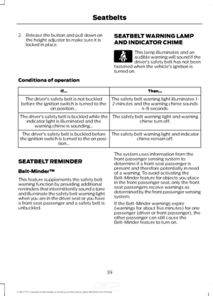 Page 422. Release the button and pull down on
the height adjuster to make sure it is
locked in place. SEATBELT WARNING LAMP
AND INDICATOR CHIME This lamp illuminates and an
audible warning will sound if the
driver's safety belt has not been
fastened when the vehicle's ignition is
turned on.
Conditions of operation Then...
If...
The safety belt warning light illuminates 1-2 minutes and the warning chime sounds 4-8 seconds.
The driver's safety belt is not buckled
before the ignition switch is turned...