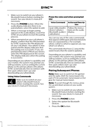 Page 4181. Make sure to switch on your phone's
Bluetooth feature before starting the
search. See your device's manual if
necessary.
2. Press the PHONE button. When the
audio display indicates there is no
paired phone, select the option to add.
3. When a message to begin pairing appears in the audio display, search for
SYNC on your phone to start the pairing
process.
4. When prompted on your cell phone ’s
display, confirm that the PIN provided
by SYNC matches the PIN displayed
on your cell phone. Your...