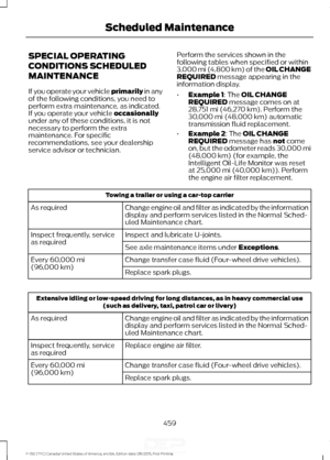 Page 462SPECIAL OPERATING
CONDITIONS SCHEDULED
MAINTENANCE
If you operate your vehicle primarily in any
of the foll
owing conditions, you need to
perform extra maintenance, as indicated.
If you operate your vehicle 
occasionally
under any of these conditions, it is not
necessary to perform the extra
maintenance. For specific
recommendations, see your dealership
service advisor or technician. Perform the services shown in the
following tables when specified or within
3,000 mi (4,800 km) of the OIL CHANGE...