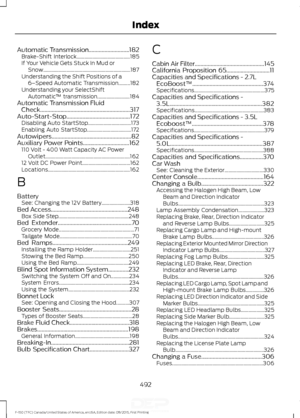 Page 495Automatic Transmission............................182
Brake-Shift Interlock......................................... 185
If Your Vehicle Gets Stuck In Mud or Snow................................................................... 187
Understanding the Shift Positions of a 6– Speed Automatic Transmission.........182
Understanding your SelectShift Automatic ™ transmission......................... 184
Automatic Transmission Fluid Check..............................................................317...