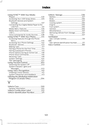 Page 504Using SYNC™ With Your Media
Player.............................................................431
Accessing Your USB Song Library...............435
Bluetooth Devices and System
Settings............................................................. 437
Connecting Your Digital Media Player to the USB Port............................................................ 431
Media Menu Features...................................... 435
Media Voice Commands................................. 432
USB...