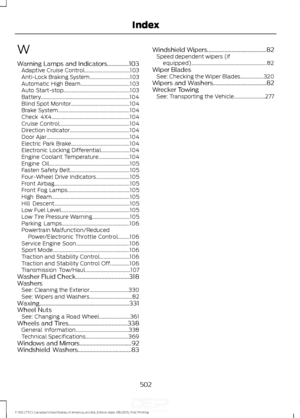 Page 505W
Warning Lamps and Indicators...............103
Adaptive Cruise Control................................... 103
Anti-Lock Braking System............................... 103
Automatic High Beam...................................... 103
Auto Start-stop................................................... 103
Battery.................................................................... 104
Blind Spot Monitor............................................. 104
Brake...