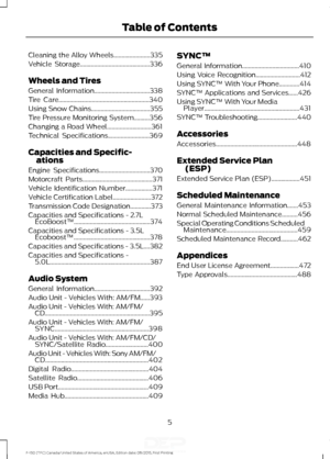 Page 8Cleaning the Alloy Wheels.......................335
Vehicle Storage............................................336
Wheels and Tires
General Information
...................................338
Tire Care
.........................................................340
Using Snow Chains
.....................................355
Tire Pressure Monitoring System..........356
Changing a Road Wheel............................361
Technical Specifications
..........................369
Capacities and Specific- ations...