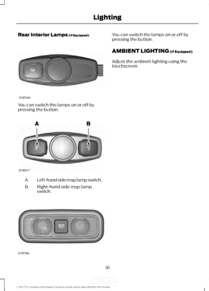 Page 94Rear Interior Lamps (If Equipped)
You can switch the lamps on or off by
pressing the button.
Left-hand side map lamp switch.
A.
Right-hand side map lamp
switch.
B. You can switch the lamps on or off by
pressing the button.
AMBIENT LIGHTING
 (If Equipped)
Adjust the ambient lighting using the
touchscreen.
91
F-150 (TFC) Canada/United States of America, enUSA, Edition date: 08/2015, First Printing LightingE187343 E182517 E187345   