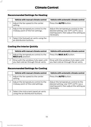 Page 114Recommended Settings for Heating
Vehicle with automatic climate control
Vehicle with manual climate control
Press the AUTO button.
Adjust the fan speed to the center
setting.
1
Adjust the temperature control to the
desired setting. Use 72°F (22°C) as a
starting point, then adjust the setting as
necessary.
Adjust the temperature control to the
midway point of the hot settings.
2
Select the footwell air vents using the
air distribution buttons.
3
Cooling the Interior Quickly Vehicle with automatic climate...