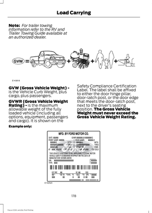 Page 181Note:
 For trailer towing
information refer to the RV and
Trailer Towing Guide available at
an authorized dealer. GVW (Gross Vehicle Weight) -
is the Vehicle Curb Weight, plus
cargo, plus passengers.
GVWR (Gross Vehicle Weight
Rating) - is the maximum
allowable weight of the fully
loaded vehicle (including all
options, equipment, passengers
and cargo). It is shown on the Safety Compliance Certification
Label. The label shall be affixed
to either the door hinge pillar,
door-latch post, or the door edge...