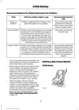 Page 24Recommendations for Safety Restraints for Children
Recommended restraint
type
Child size, height, weight, or age
Child
Use a child safety seat(sometimes called an
infant carrier, convertible seat, or toddler seat).
Children weighing 40 lb (18 kg) or less
(generally age four or younger).
Infants or
toddlers
Use a belt-positioningbooster seat.
Children who have outgrown or no longer
properly fit in a child safety seat (gener-ally children who are less than 4 ft. 9 in. (1.45 m) tall, are greater than age...