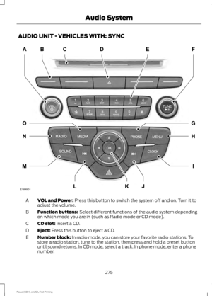 Page 278AUDIO UNIT - VEHICLES WITH: SYNC
VOL and Power: Press this button to switch the system off and on. Turn it to
adjust the volume.
A
Function buttons:
 Select different functions of the audio system depending
on which mode you are in (such as Radio mode or CD mode).
B
CD slot:
 Insert a CD.
C
Eject:
 Press this button to eject a CD.
D
Number block:
 In radio mode, you can store your favorite radio stations. To
store a radio station, tune to the station, then press and hold a preset button
until sound...