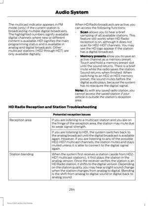 Page 287The multicast indicator appears in FM
mode (only) if the current station is
broadcasting multiple digital broadcasts.
The highlighted numbers signify available
digital channels where new or different
content is available. HD1 signifies the main
programming status and is available in
analog and digital broadcasts. Other
multicast stations (HD2 through HD7) are
only available digitally.
When HD Radio broadcasts are active, you
can access the following functions:
•
Scan allows you to hear a brief
sampling...