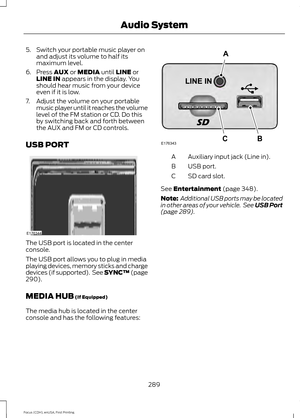 Page 2925. Switch your portable music player on
and adjust its volume to half its
maximum level.
6. Press AUX or MEDIA until LINE or
LINE IN appears in the display. You
should hear music from your device
even if it is low.
7. Adjust the volume on your portable music player until it reaches the volume
level of the FM station or CD. Do this
by switching back and forth between
the AUX and FM or CD controls.
USB PORT The USB port is located in the center
console.
The USB port allows you to plug in media
playing...