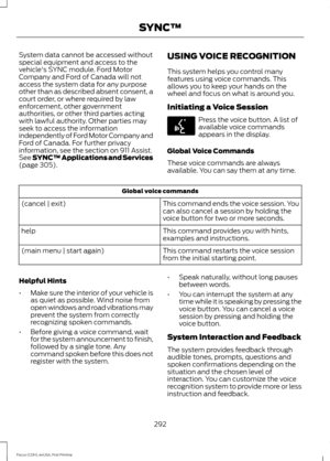 Page 295System data cannot be accessed without
special equipment and access to the
vehicle's SYNC module. Ford Motor
Company and Ford of Canada will not
access the system data for any purpose
other than as described absent consent, a
court order, or where required by law
enforcement, other government
authorities, or other third parties acting
with lawful authority. Other parties may
seek to access the information
independently of Ford Motor Company and
Ford of Canada. For further privacy
information, see the...