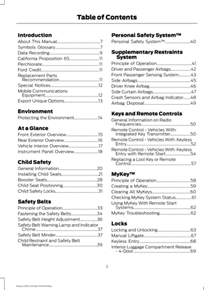Page 4Introduction
About This Manual...........................................7
Symbols Glossary
.............................................7
Data Recording
..................................................9
California Proposition 65..............................11
Perchlorate.........................................................11
Ford Credit
..........................................................11
Replacement Parts Recommendation
........................................11
Special...