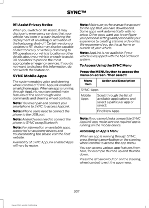 Page 310911 Assist Privacy Notice
When you switch on 911 Assist, it may
disclose to emergency services that your
vehicle has been in a crash involving the
deployment of an airbag or activation of
the fuel pump shut-off. Certain versions or
updates to 911 Assist may also be capable
of electronically or verbally disclosing to
911 operators your vehicle location or other
details about your vehicle or crash to assist
911 operators to provide the most
appropriate emergency services. If you do
not want to disclose...