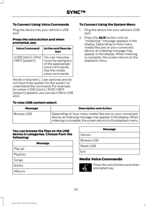 Page 314To Connect Using Voice Commands
Plug the device into your vehicle's USB
port.
Press the voice button and when
prompted, say:
Action and Descrip-
tion
Voice Command
You can now play
music by saying any
of the appropriate
voice commands.
See the media
voice commands.
(USB [stick] | iPod
| MP3 [player])
Words in brackets [ ] are optional and do
not have to be spoken for the system to
understand the command. For example,
for where (USB [stick] | iPOD | MP3
[player]) appears, you can say USB or USB
stick....