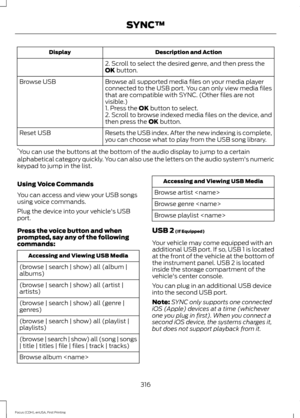 Page 319Description and Action
Display
2. Scroll to select the desired genre, and then press the
OK button.
Browse all supported media files on your media player
connected to the USB port. You can only view media files
that are compatible with SYNC. (Other files are not
visible.)
Browse USB
1. Press the 
OK button to select.
2. Scroll to browse indexed media files on the device, and
then press the 
OK button.
Resets the USB index. After the new indexing is complete,
you can choose what to play from the USB song...