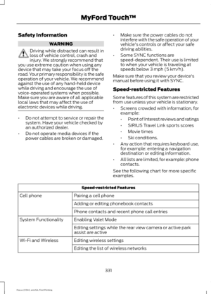 Page 334Safety Information
WARNING
Driving while distracted can result in
loss of vehicle control, crash and
injury. We strongly recommend that
you use extreme caution when using any
device that may take your focus off the
road. Your primary responsibility is the safe
operation of your vehicle. We recommend
against the use of any hand-held device
while driving and encourage the use of
voice-operated systems when possible.
Make sure you are aware of all applicable
local laws that may affect the use of
electronic...