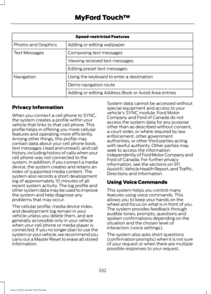 Page 335Speed-restricted Features
Adding or editing wallpaper
Photos and Graphics
Composing text messages
Text Messages
Viewing received text messages
Editing preset text messages
Using the keyboard to enter a destination
Navigation
Demo navigation route
Adding or editing Address Book or Avoid Area entries
Privacy Information
When you connect a cell phone to SYNC,
the system creates a profile within your
vehicle that links to that cell phone. This
profile helps in offering you more cellular
features and...