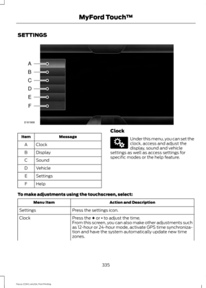 Page 338SETTINGS
Message
Item
Clock
A
Display
B
Sound
C
Vehicle
D
Settings
E
Help
F Clock Under this menu, you can set the
clock, access and adjust the
display, sound and vehicle
settings as well as access settings for
specific modes or the help feature.
To make adjustments using the touchscreen, select: Action and Description
Menu Item
Press the settings icon.
Settings
Press the + or - to adjust the time.
Clock
From this screen, you can also make other adjustments such
as 12-hour or 24-hour mode, activate GPS...