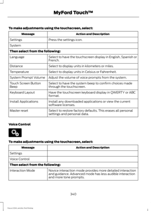 Page 343To make adjustments using the touchscreen, select:
Action and Description
Message
Press the settings icon.
Settings
System
Then select from the following:
Select to have the touchscreen display in English, Spanish or
French.
Language
Select to display units in kilometers or miles.
Distance
Select to display units in Celsius or Fahrenheit.
Temperature
Adjust the volume of voice prompts from the system.
System Prompt Volume
Select to have the system beep to confirm choices made
through the touchscreen....