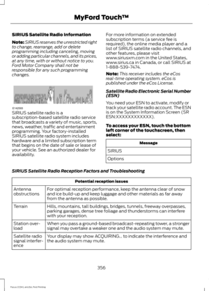 Page 359SIRIUS Satellite Radio Information
Note:
SIRIUS reserves the unrestricted right
to change, rearrange, add or delete
programming including canceling, moving
or adding particular channels, and its prices,
at any time, with or without notice to you.
Ford Motor Company shall not be
responsible for any such programming
changes. SIRIUS satellite radio is a
subscription-based satellite radio service
that broadcasts a variety of music, sports,
news, weather, traffic and entertainment
programming. Your...