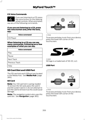 Page 362CD Voice Commands
If you are listening to a CD, press
the voice button on the steering
wheel controls. When prompted,
say any of the following commands.
If you are not listening to a CD, press
the voice button and, after the tone,
say: Voice command
CD Player
When listening to a CD you can say
many commands. Following are a few
examples of what you can say. Voice command
Play
Pause
Next Track
Previous Track
Help
SD Card Slot and USB Port
The SD card slot and USB port are located
in the Media Hub.  See...