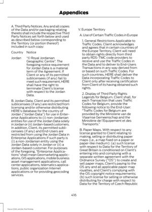 Page 419A. Third Party Notices. Any and all copies
of the Data and/or packaging relating
thereto shall include the respective Third
Party Notices set forth below and used
as described below corresponding to
the Territory (or portion thereof)
included in such copy:
Notice
Country
“© Royal Jordanian
Geographic Centre ”. The
foregoing notice requirement
for Jordan Data is a material
term of the Agreement. If
Client or any of its permitted
Jordan
sublicensees (if any) fail to
meet such requirement, HERE
shall have...