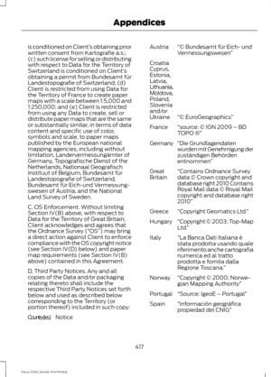 Page 420is conditioned on Client’
s obtaining prior
written consent from Kartografie a.s.;
(c) such license for selling or distributing
with respect to Data for the Territory of
Switzerland is conditioned on Client’ s
obtaining a permit from Bundesamt für
Landestopografie of Switzerland; (d)
Client is restricted from using Data for
the Territory of France to create paper
maps with a scale between 1:5,000 and
1:250,000; and (e) Client is restricted
from using any Data to create, sell or
distribute paper maps that...