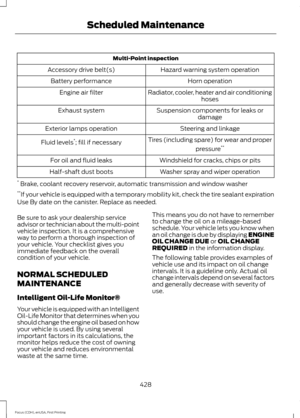 Page 431Multi-Point inspection
Hazard warning system operation
Accessory drive belt(s)
Horn operation
Battery performance
Radiator, cooler, heater and air conditioninghoses
Engine air filter
Suspension components for leaks ordamage
Exhaust system
Steering and linkage
Exterior lamps operation
Tires (including spare) for wear and properpressure**
Fluid levels *
; fill if necessary
Windshield for cracks, chips or pits
For oil and fluid leaks
Washer spray and wiper operation
Half-shaft dust boots
*  Brake, coolant...