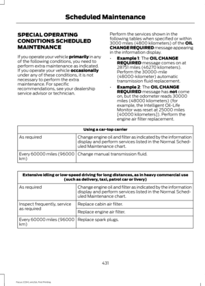 Page 434SPECIAL OPERATING
CONDITIONS SCHEDULED
MAINTENANCE
If you operate your vehicle primarily in any
of the following conditions, you need to
perform extra maintenance as indicated.
If you operate your vehicle 
occasionally
under any of these conditions, it is not
necessary to perform the extra
maintenance. For specific
recommendations, see your dealership
service advisor or technician. Perform the services shown in the
following tables when specified or within
3000 miles (4800 kilometers) of the 
OIL
CHANGE...