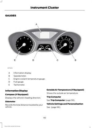 Page 93GAUGES
Information display.
A
Speedometer.
B
Engine coolant temperature gauge.
C
Fuel gauge.
D
Tachometer.
E
Information Display
Compass (If Equipped)
Displays the vehicle ’s heading direction.
Odometer
Records the total distance traveled by your
vehicle. Outside Air Temperature (If Equipped)
Shows the outside air temperature.
Trip Computer
See Trip Computer (page 98).
Vehicle Settings and Personalization
See 
 (page 96).
90
Focus (CDH), enUSA, First Printing Instrument ClusterE171213  