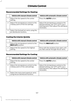 Page 110Recommended Settings for Heating
Vehicle with automatic climate control
Vehicle with manual climate control
Press the AUTO button.
Adjust the fan speed to the center
setting.
1
Adjust the temperature control to the
desired setting. Use 72°F (22°C) as a
starting point, then adjust the setting as
necessary.
Adjust the temperature control to the
midway point of the hot settings.
2
Select the footwell air vents using the
air distribution buttons.
3
Cooling the Interior Quickly Vehicle with automatic climate...