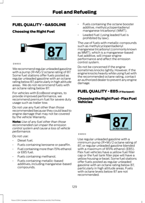 Page 132FUEL QUALITY - GASOLINE
Choosing the Right Fuel
We recommend regular unleaded gasoline
with a pump (R+M)/2 octane rating of 87.
Some fuel stations offer fuels posted as
regular unleaded gasoline with an octane
rating below 87, particularly in high altitude
areas.  We do not recommend fuels with
an octane rating below 87.
For vehicles with EcoBoost engines, to
provide improved performance, we
recommend premium fuel for severe duty
usage such as trailer tow.
Do not use any fuel other than those
recommended...