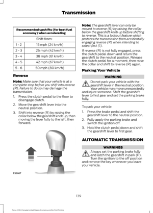 Page 142Recommended upshifts (for best fuel
economy) when accelerating
Shift from:15 mph (24 km/h)
1 - 2
26 mph (42 km/h)
2 - 3
38 mph (61 km/h)
3 - 4
42 mph (67 km/h)
4 - 5
50 mph (80 km/h)
5 - 6
Reverse
Note: Make sure that your vehicle is at a
complete stop before you shift into reverse
(R). Failure to do so may damage the
transmission.
1. Press the clutch pedal to the floor to disengage clutch.
2. Move the gearshift lever into the neutral position.
3. Shift into reverse (R) by raising the collar below the...