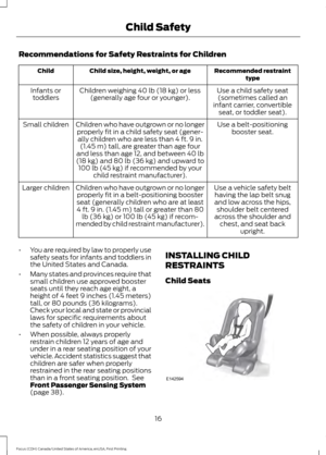 Page 19Recommendations for Safety Restraints for Children
Recommended restraint
type
Child size, height, weight, or age
Child
Use a child safety seat(sometimes called an
infant carrier, convertible seat, or toddler seat).
Children weighing 40 lb (18 kg) or less
(generally age four or younger).
Infants or
toddlers
Use a belt-positioningbooster seat.
Children who have outgrown or no longer
properly fit in a child safety seat (gener-ally children who are less than 4 ft. 9 in. (1.45 m) tall, are greater than age...