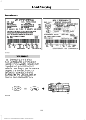 Page 181Example only:
WARNING
Exceeding the Safety
Compliance Certification
Label vehicle weight rating limits
could result in substandard
vehicle handling or performance,
engine, transmission and/or
structural damage, serious
damage to the vehicle, loss of
control and personal injury. 178
Focus (CDH) Canada/United States of America, enUSA, First Printing Load CarryingE198828 E143819GCW
GVW  