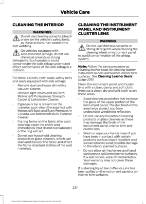 Page 240CLEANING THE INTERIOR
WARNINGS
Do not use cleaning solvents, bleach
or dye on the vehicle
’s safety belts,
as these actions may weaken the
belt webbing. On vehicles equipped with
seat-mounted airbags, do not use
chemical solvents or strong
detergents. Such products could
contaminate the side airbag system and
affect performance of the side airbag in a
collision. For fabric, carpets, cloth seats, safety belts
and seats equipped with side airbags:
•
Remove dust and loose dirt with a
vacuum cleaner.
•...