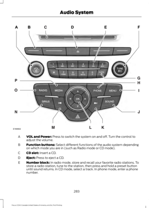 Page 286VOL and Power: Press to switch the system on and off. Turn the control to
adjust the volume.
A
Function buttons:
 Select different functions of the audio system depending
on which mode you are in (such as Radio mode or CD mode).
B
CD slot:
 Insert a CD.
C
Eject:
 Press to eject a CD.
D
Number block:
 In radio mode, store and recall your favorite radio stations. To
store a radio station, tune to the station, then press and hold a preset button
until sound returns. In CD mode, select a track. In phone...