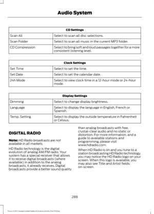 Page 291CD Settings
Select to scan all disc selections.
Scan All
Select to scan all music in the current MP3 folder.
Scan Folder
Select to bring soft and loud passages together for a more
consistent listening level.
CD Compression Clock Settings
Select to set the time.
Set Time
Select to set the calendar date.
Set Date
Select to view clock time in a 12-hour mode or 24-hour
mode.
24h Mode Display Settings
Select to change display brightness.
Dimming
Select to display the language in English, French or
Spanish....